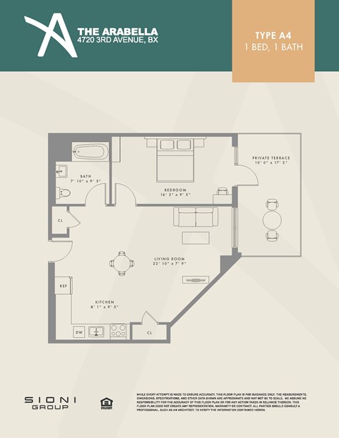 Floor plan for 1 bed, 1 bath, 643 sqft